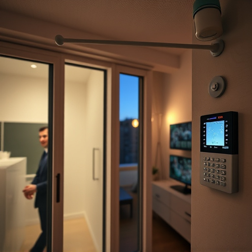 glass break sensor on sliding door,doorbell camera recording visitor at night,motion-activated surveillance camera under roof eaves,home monitoring control room with multiple screens,security keypad on modern apartment wall