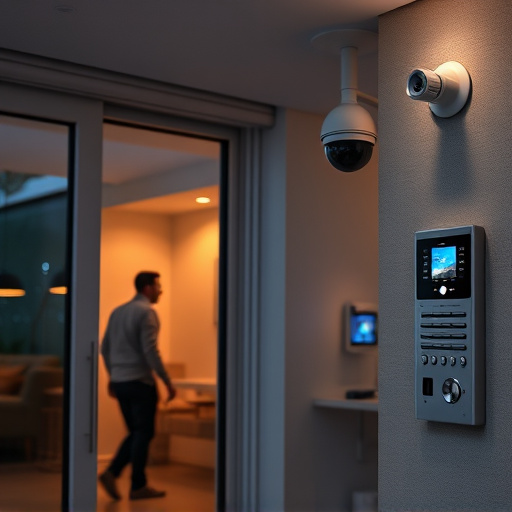 glass break sensor on sliding door,doorbell camera recording visitor at night,motion-activated surveillance camera under roof eaves,home monitoring control room with multiple screens,security keypad on modern apartment wall