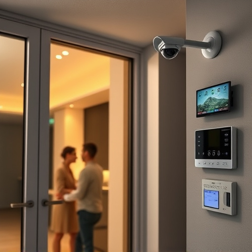 glass break sensor on sliding door,doorbell camera recording visitor at night,motion-activated surveillance camera under roof eaves,home monitoring control room with multiple screens,security keypad on modern apartment wall