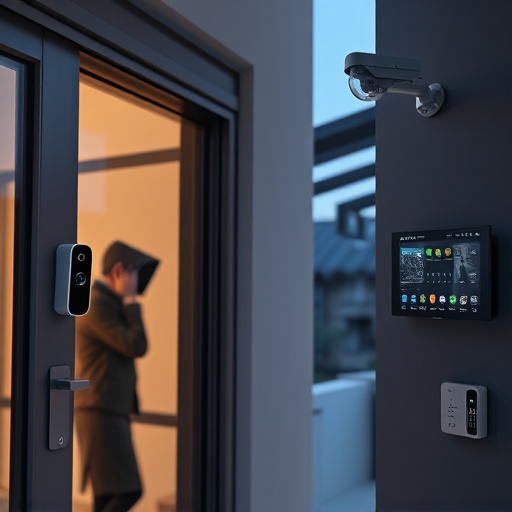 glass break sensor on sliding door,doorbell camera recording visitor at night,motion-activated surveillance camera under roof eaves,home monitoring control room with multiple screens,security keypad on modern apartment wall