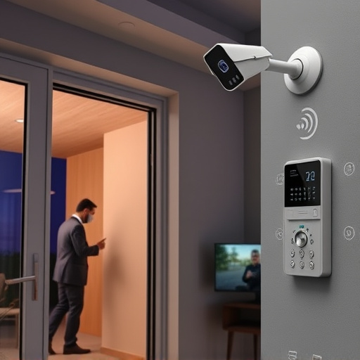 glass break sensor on sliding door,doorbell camera recording visitor at night,motion-activated surveillance camera under roof eaves,home monitoring control room with multiple screens,security keypad on modern apartment wall