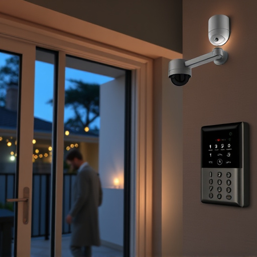 glass break sensor on sliding door,doorbell camera recording visitor at night,motion-activated surveillance camera under roof eaves,home monitoring control room with multiple screens,security keypad on modern apartment wall