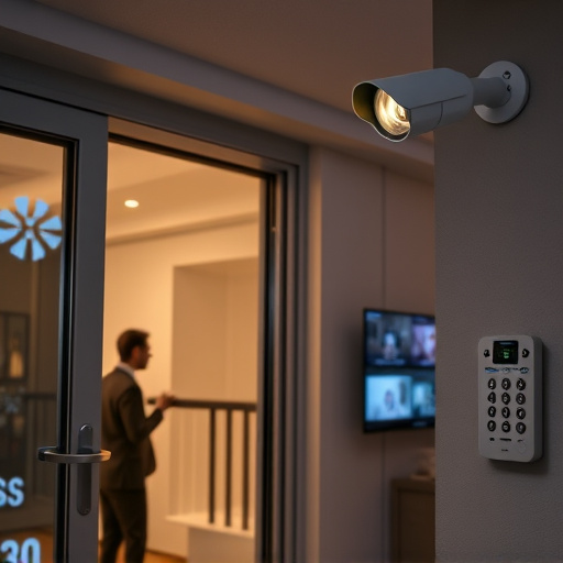 glass break sensor on sliding door,doorbell camera recording visitor at night,motion-activated surveillance camera under roof eaves,home monitoring control room with multiple screens,security keypad on modern apartment wall