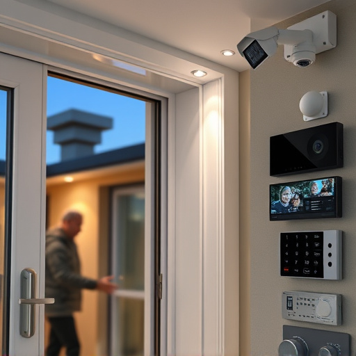 glass break sensor on sliding door,doorbell camera recording visitor at night,motion-activated surveillance camera under roof eaves,home monitoring control room with multiple screens,security keypad on modern apartment wall