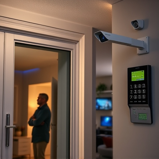 glass break sensor on sliding door,doorbell camera recording visitor at night,motion-activated surveillance camera under roof eaves,home monitoring control room with multiple screens,security keypad on modern apartment wall