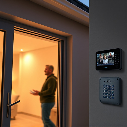 glass break sensor on sliding door,doorbell camera recording visitor at night,motion-activated surveillance camera under roof eaves,home monitoring control room with multiple screens,security keypad on modern apartment wall