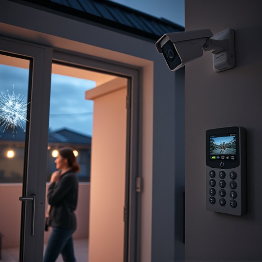 glass break sensor on sliding door,doorbell camera recording visitor at night,motion-activated surveillance camera under roof eaves,home monitoring control room with multiple screens,security keypad on modern apartment wall