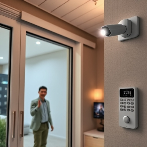 glass break sensor on sliding door,doorbell camera recording visitor at night,motion-activated surveillance camera under roof eaves,home monitoring control room with multiple screens,security keypad on modern apartment wall