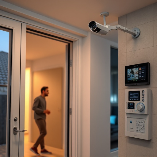 glass break sensor on sliding door,doorbell camera recording visitor at night,motion-activated surveillance camera under roof eaves,home monitoring control room with multiple screens,security keypad on modern apartment wall