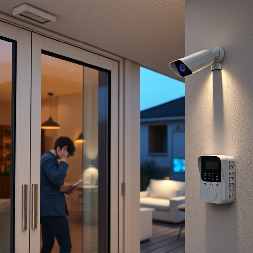 glass break sensor on sliding door,doorbell camera recording visitor at night,motion-activated surveillance camera under roof eaves,home monitoring control room with multiple screens,security keypad on modern apartment wall