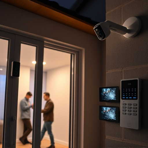 glass break sensor on sliding door,doorbell camera recording visitor at night,motion-activated surveillance camera under roof eaves,home monitoring control room with multiple screens,security keypad on modern apartment wall
