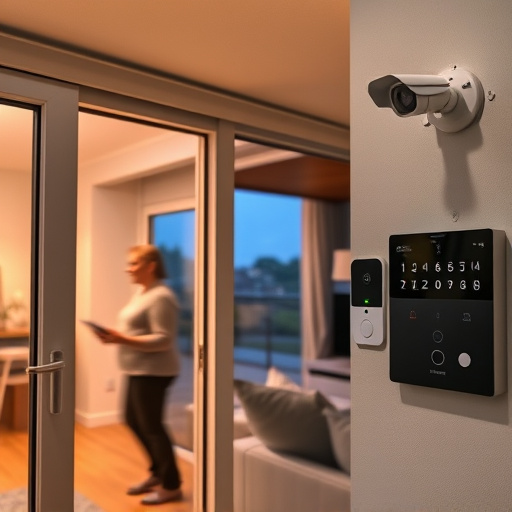 glass break sensor on sliding door,doorbell camera recording visitor at night,motion-activated surveillance camera under roof eaves,home monitoring control room with multiple screens,security keypad on modern apartment wall