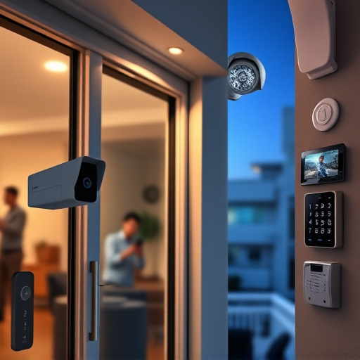 glass break sensor on sliding door,doorbell camera recording visitor at night,motion-activated surveillance camera under roof eaves,home monitoring control room with multiple screens,security keypad on modern apartment wall