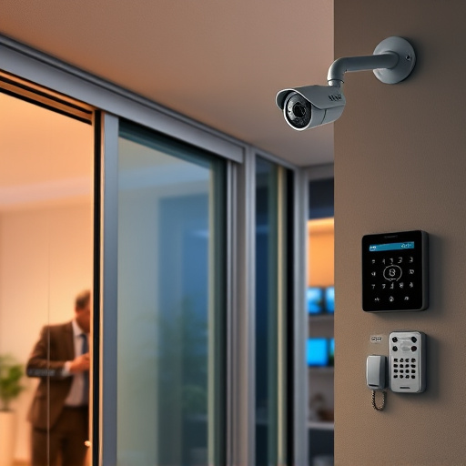 glass break sensor on sliding door,doorbell camera recording visitor at night,motion-activated surveillance camera under roof eaves,home monitoring control room with multiple screens,security keypad on modern apartment wall