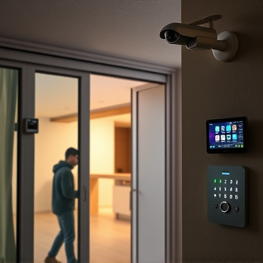 glass break sensor on sliding door,doorbell camera recording visitor at night,motion-activated surveillance camera under roof eaves,home monitoring control room with multiple screens,security keypad on modern apartment wall