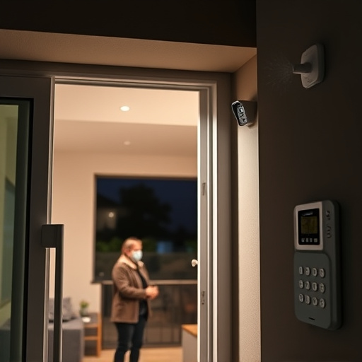 glass break sensor on sliding door,doorbell camera recording visitor at night,motion-activated surveillance camera under roof eaves,home monitoring control room with multiple screens,security keypad on modern apartment wall