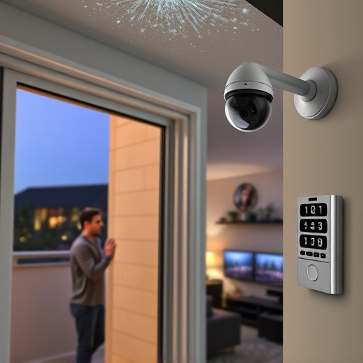 glass break sensor on sliding door,doorbell camera recording visitor at night,motion-activated surveillance camera under roof eaves,home monitoring control room with multiple screens,security keypad on modern apartment wall