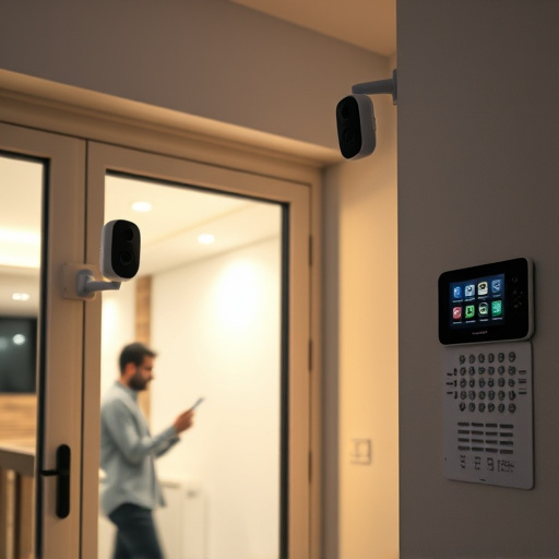 glass break sensor on sliding door,doorbell camera recording visitor at night,motion-activated surveillance camera under roof eaves,home monitoring control room with multiple screens,security keypad on modern apartment wall