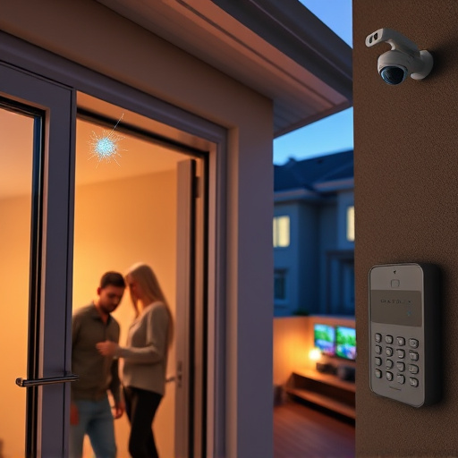 glass break sensor on sliding door,doorbell camera recording visitor at night,motion-activated surveillance camera under roof eaves,home monitoring control room with multiple screens,security keypad on modern apartment wall