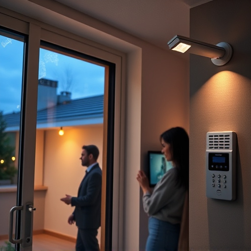 glass break sensor on sliding door,doorbell camera recording visitor at night,motion-activated surveillance camera under roof eaves,home monitoring control room with multiple screens,security keypad on modern apartment wall