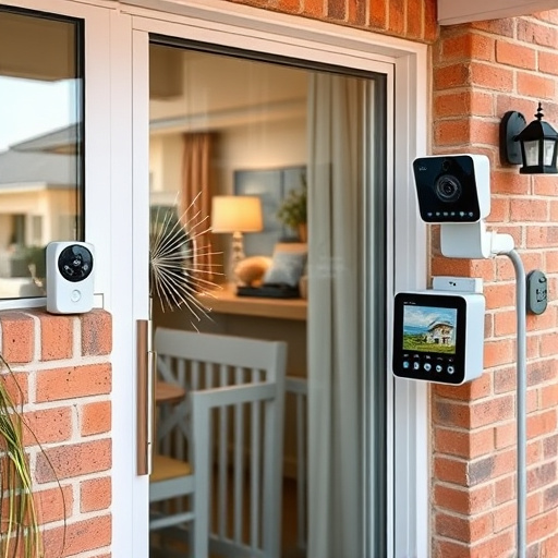 glass break sensor on sliding door,security keypad on modern apartment wall,smart video doorbell on suburban porch,ai security camera scanning for movement,home monitoring control room with multiple screens,wireless doorbell with camera on brick home