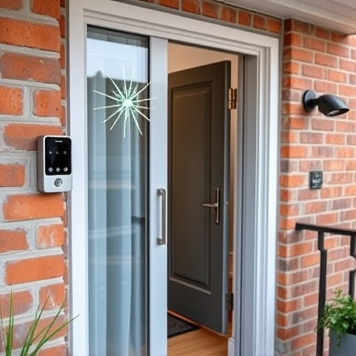 glass break sensor on sliding door,security keypad on modern apartment wall,smart video doorbell on suburban porch,ai security camera scanning for movement,home monitoring control room with multiple screens,wireless doorbell with camera on brick home