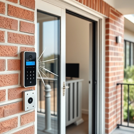 glass break sensor on sliding door,security keypad on modern apartment wall,smart video doorbell on suburban porch,ai security camera scanning for movement,home monitoring control room with multiple screens,wireless doorbell with camera on brick home