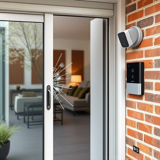glass break sensor on sliding door,security keypad on modern apartment wall,smart video doorbell on suburban porch,ai security camera scanning for movement,home monitoring control room with multiple screens,wireless doorbell with camera on brick home