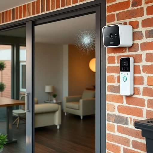 glass break sensor on sliding door,security keypad on modern apartment wall,smart video doorbell on suburban porch,ai security camera scanning for movement,home monitoring control room with multiple screens,wireless doorbell with camera on brick home