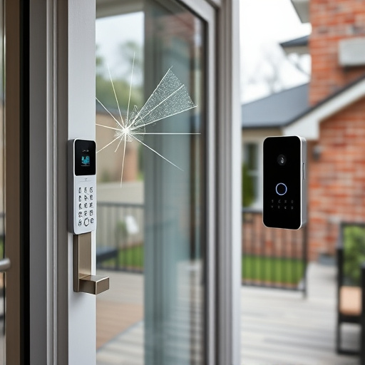 glass break sensor on sliding door,security keypad on modern apartment wall,smart video doorbell on suburban porch,ai security camera scanning for movement,home monitoring control room with multiple screens,wireless doorbell with camera on brick home