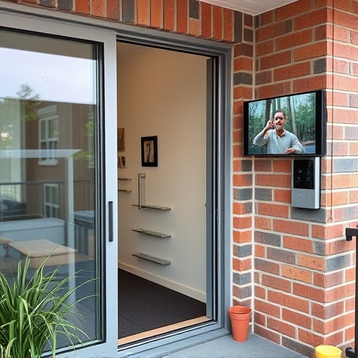 glass break sensor on sliding door,security keypad on modern apartment wall,smart video doorbell on suburban porch,ai security camera scanning for movement,home monitoring control room with multiple screens,wireless doorbell with camera on brick home