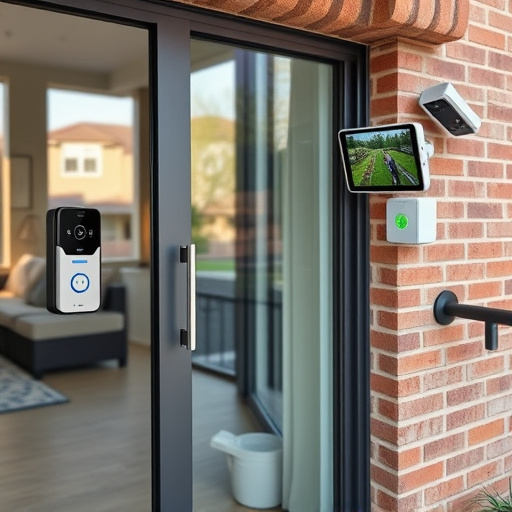 glass break sensor on sliding door,security keypad on modern apartment wall,smart video doorbell on suburban porch,ai security camera scanning for movement,home monitoring control room with multiple screens,wireless doorbell with camera on brick home