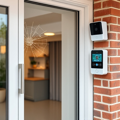 glass break sensor on sliding door,security keypad on modern apartment wall,smart video doorbell on suburban porch,ai security camera scanning for movement,home monitoring control room with multiple screens,wireless doorbell with camera on brick home