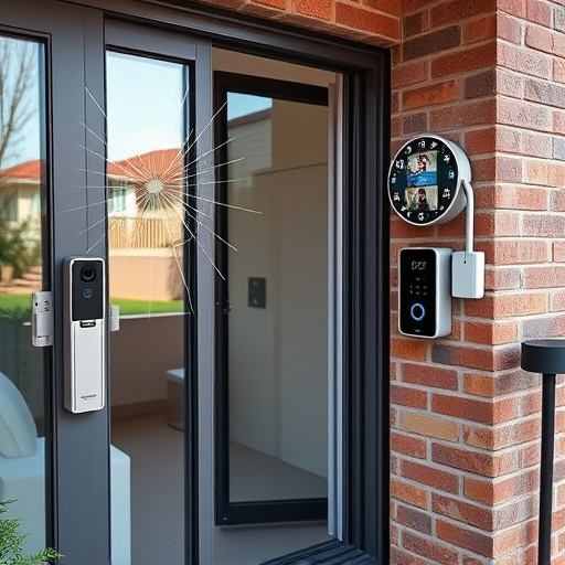 glass break sensor on sliding door,security keypad on modern apartment wall,smart video doorbell on suburban porch,ai security camera scanning for movement,home monitoring control room with multiple screens,wireless doorbell with camera on brick home