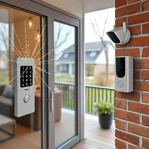 glass break sensor on sliding door,security keypad on modern apartment wall,smart video doorbell on suburban porch,ai security camera scanning for movement,home monitoring control room with multiple screens,wireless doorbell with camera on brick home