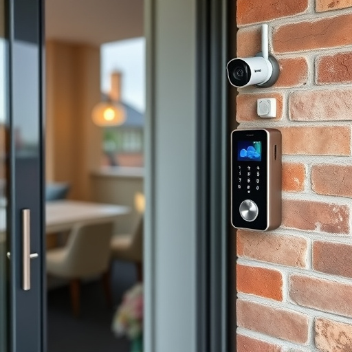 glass break sensor on sliding door,security keypad on modern apartment wall,smart video doorbell on suburban porch,ai security camera scanning for movement,home monitoring control room with multiple screens,wireless doorbell with camera on brick home
