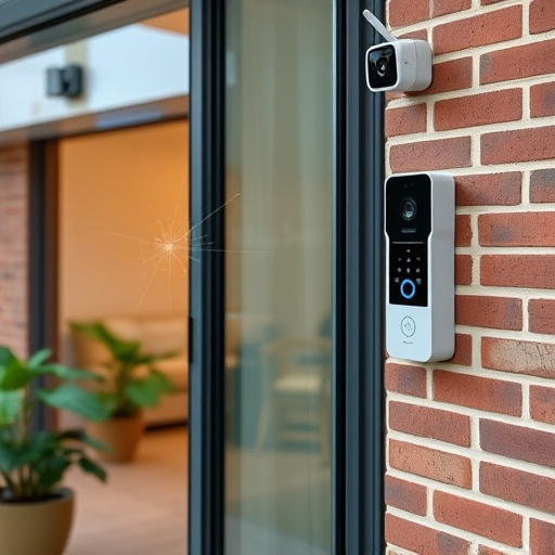 glass break sensor on sliding door,security keypad on modern apartment wall,smart video doorbell on suburban porch,ai security camera scanning for movement,home monitoring control room with multiple screens,wireless doorbell with camera on brick home