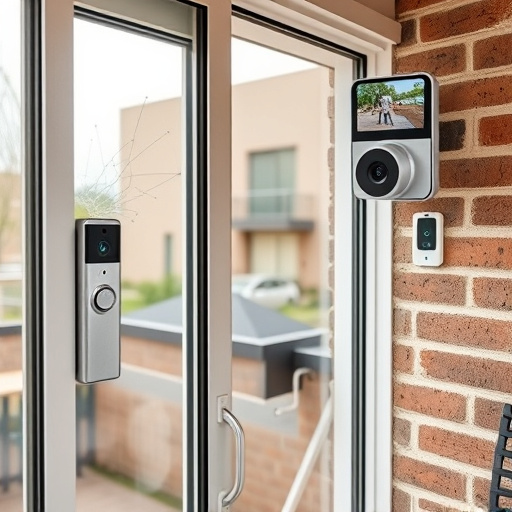 glass break sensor on sliding door,security keypad on modern apartment wall,smart video doorbell on suburban porch,ai security camera scanning for movement,home monitoring control room with multiple screens,wireless doorbell with camera on brick home