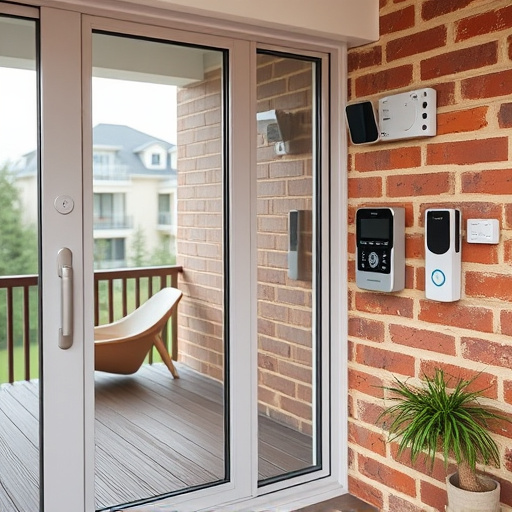 glass break sensor on sliding door,security keypad on modern apartment wall,smart video doorbell on suburban porch,ai security camera scanning for movement,home monitoring control room with multiple screens,wireless doorbell with camera on brick home