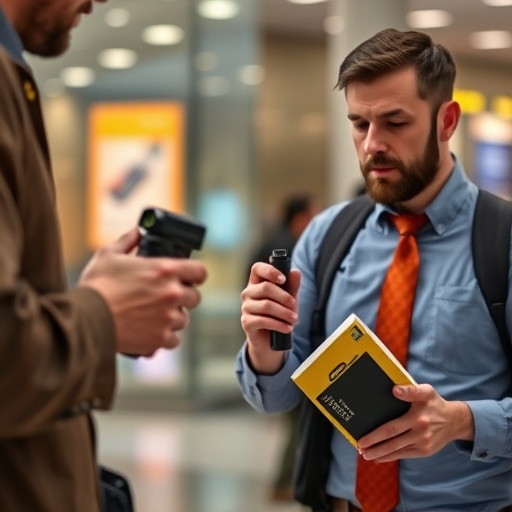 man checking legal travel restrictions for safety gear,safe carrying methods for legal defense products,person researching personal safety laws online,attorney advising client on pepper spray laws,legal notice on taser product packaging