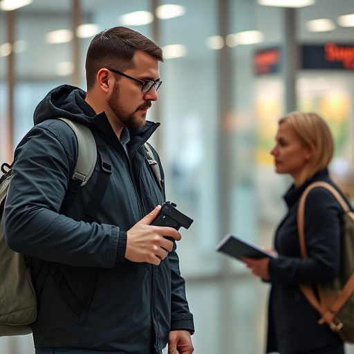 man checking legal travel restrictions for safety gear,safe carrying methods for legal defense products,person researching personal safety laws online,attorney advising client on pepper spray laws,legal notice on taser product packaging