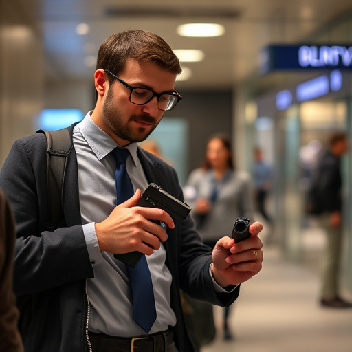 man checking legal travel restrictions for safety gear,safe carrying methods for legal defense products,person researching personal safety laws online,attorney advising client on pepper spray laws,legal notice on taser product packaging