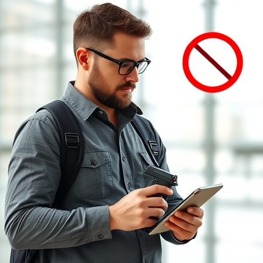 man checking legal travel restrictions for safety gear,safe carrying methods for legal defense products,person researching personal safety laws online,attorney advising client on pepper spray laws,legal notice on taser product packaging