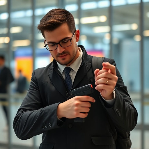 man checking legal travel restrictions for safety gear,safe carrying methods for legal defense products,person researching personal safety laws online,attorney advising client on pepper spray laws,legal notice on taser product packaging