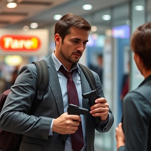 man checking legal travel restrictions for safety gear,safe carrying methods for legal defense products,person researching personal safety laws online,attorney advising client on pepper spray laws,legal notice on taser product packaging