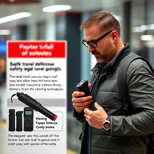 man checking legal travel restrictions for safety gear,safe carrying methods for legal defense products,person researching personal safety laws online,attorney advising client on pepper spray laws,legal notice on taser product packaging