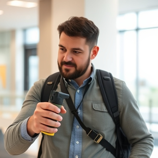 man checking legal travel restrictions for safety gear,safe carrying methods for legal defense products,person researching personal safety laws online,attorney advising client on pepper spray laws,legal notice on taser product packaging