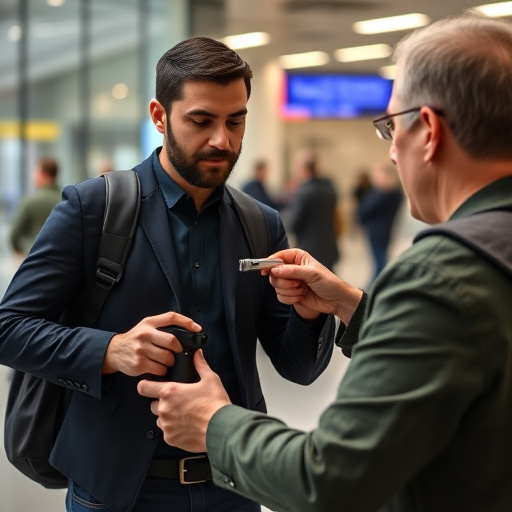 man checking legal travel restrictions for safety gear,safe carrying methods for legal defense products,person researching personal safety laws online,attorney advising client on pepper spray laws,legal notice on taser product packaging