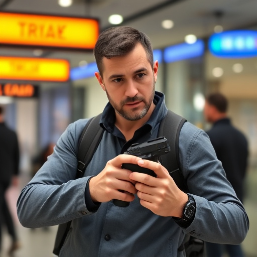 man checking legal travel restrictions for safety gear,safe carrying methods for legal defense products,person researching personal safety laws online,attorney advising client on pepper spray laws,legal notice on taser product packaging