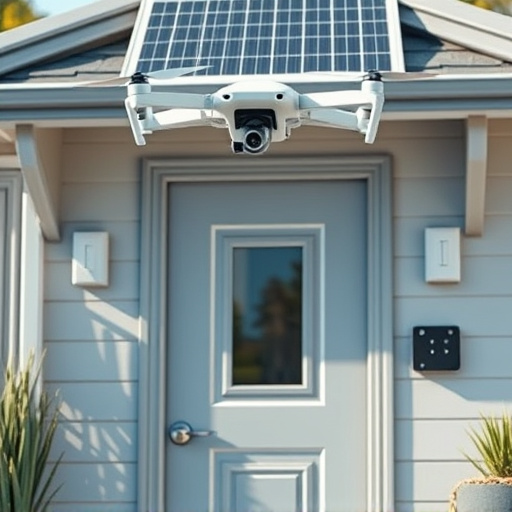 modular smart sensors on futuristic front door,energy efficient camera under solar panel,future-ready neighborhood surveillance drone,cloud-based home security dashboard on tablet,modern entryway with facial recognition access